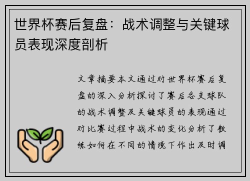 世界杯赛后复盘：战术调整与关键球员表现深度剖析